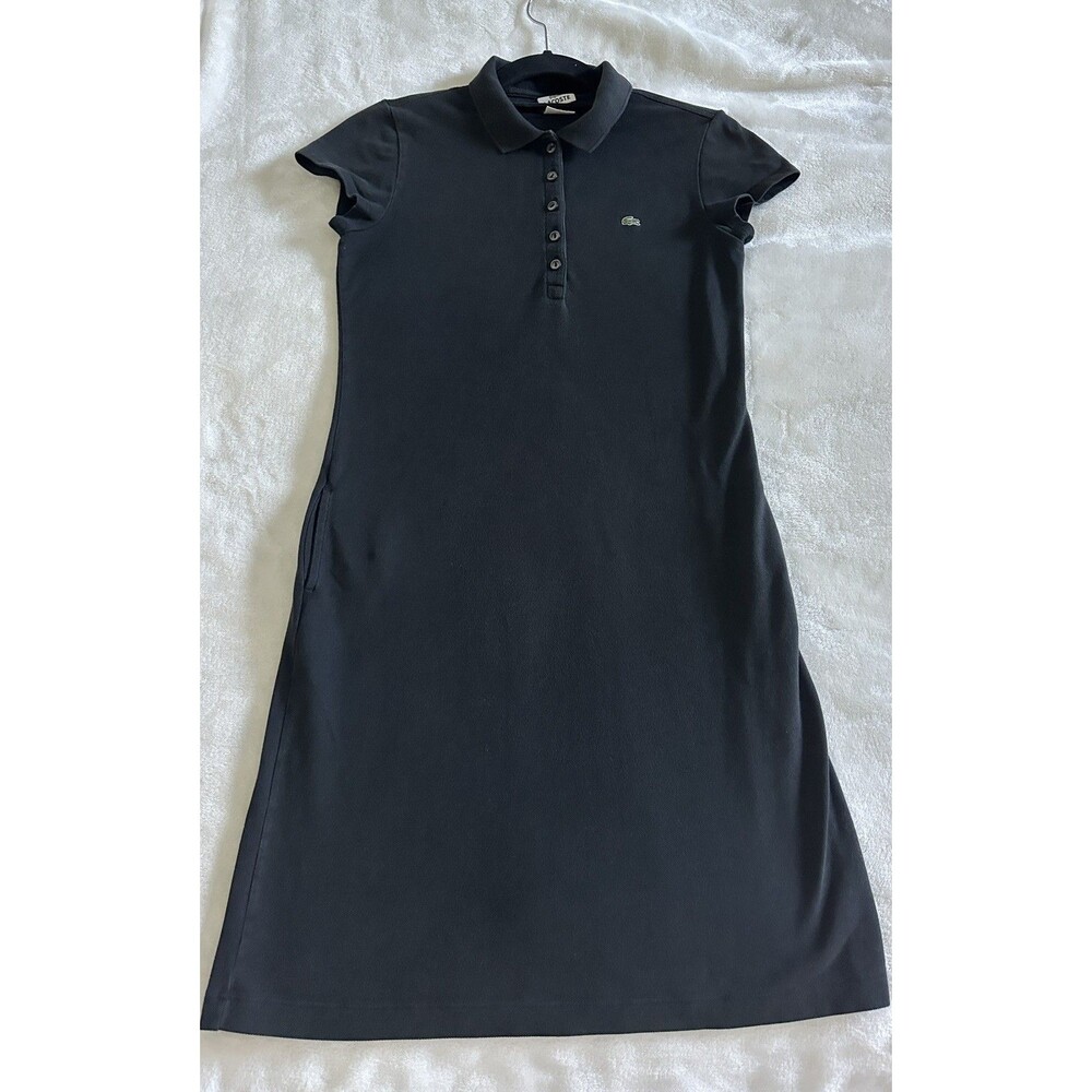 Lacoste Womens Slim Fit Stretch Mini Pique Polo Dress Pockets Blk Size 38 US Med